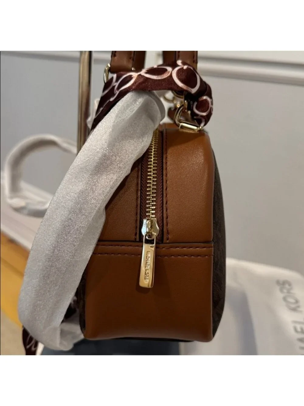 Michael Kors Bag Jet Set Signature Brown Leather Satchel Crossbody
